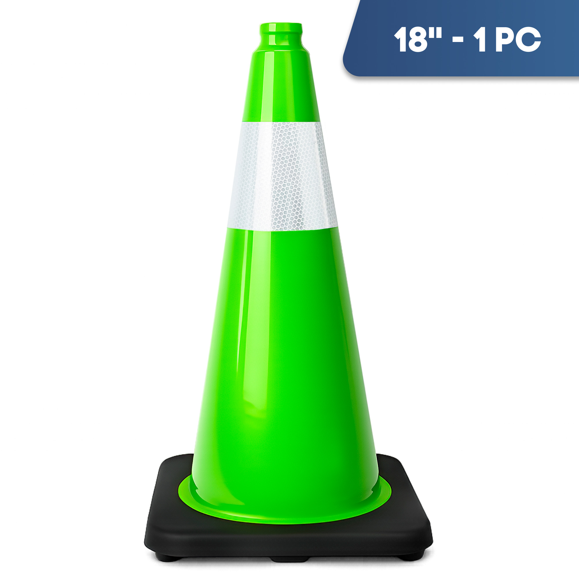 Traffic Safety Cone 18’’ with Heavy Black Base and Reflective Collar - 1 PK, Green, PVC, Model #97118G
